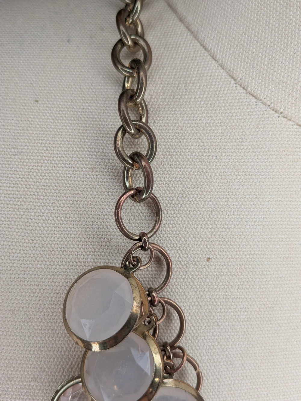 Antique Gold Milky White Glass Cabochon Scale Bib Statement Necklace